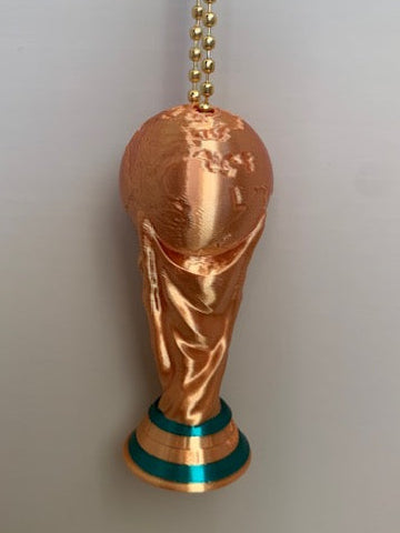 Hanging back view of a 3D printed FIFA World Cup Trophy keychain with shiny gold finish, green base accents, gold bead chain, and lobster claw clasp.