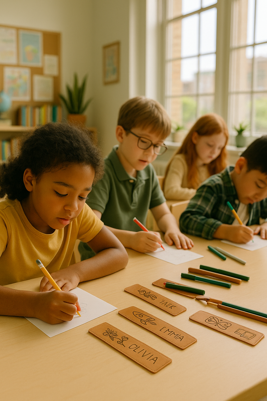 Elementary school students drawing designs at a classroom table, with custom leather bookmarks labeled with their names in the foreground, during an Etchline Cares laser engraving workshop.