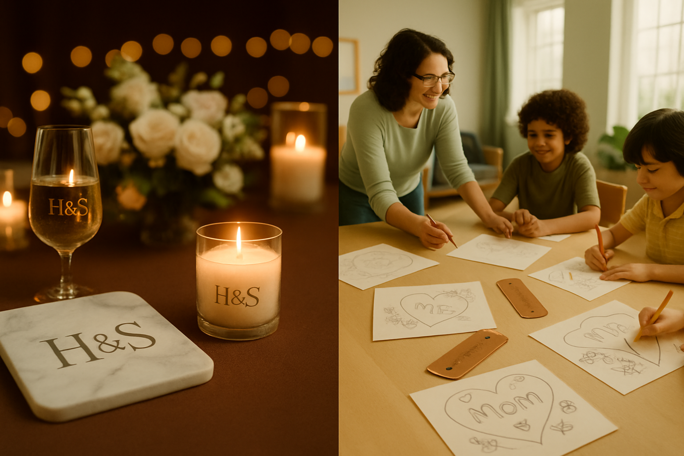 “Split image of Etchline NYC live laser engraving: H&S-monogrammed marble board, candle, and champagne glass at an elegant NYC wedding on the left, with a teacher and elementary students sketching bookmark designs in a bright classroom on the right.”