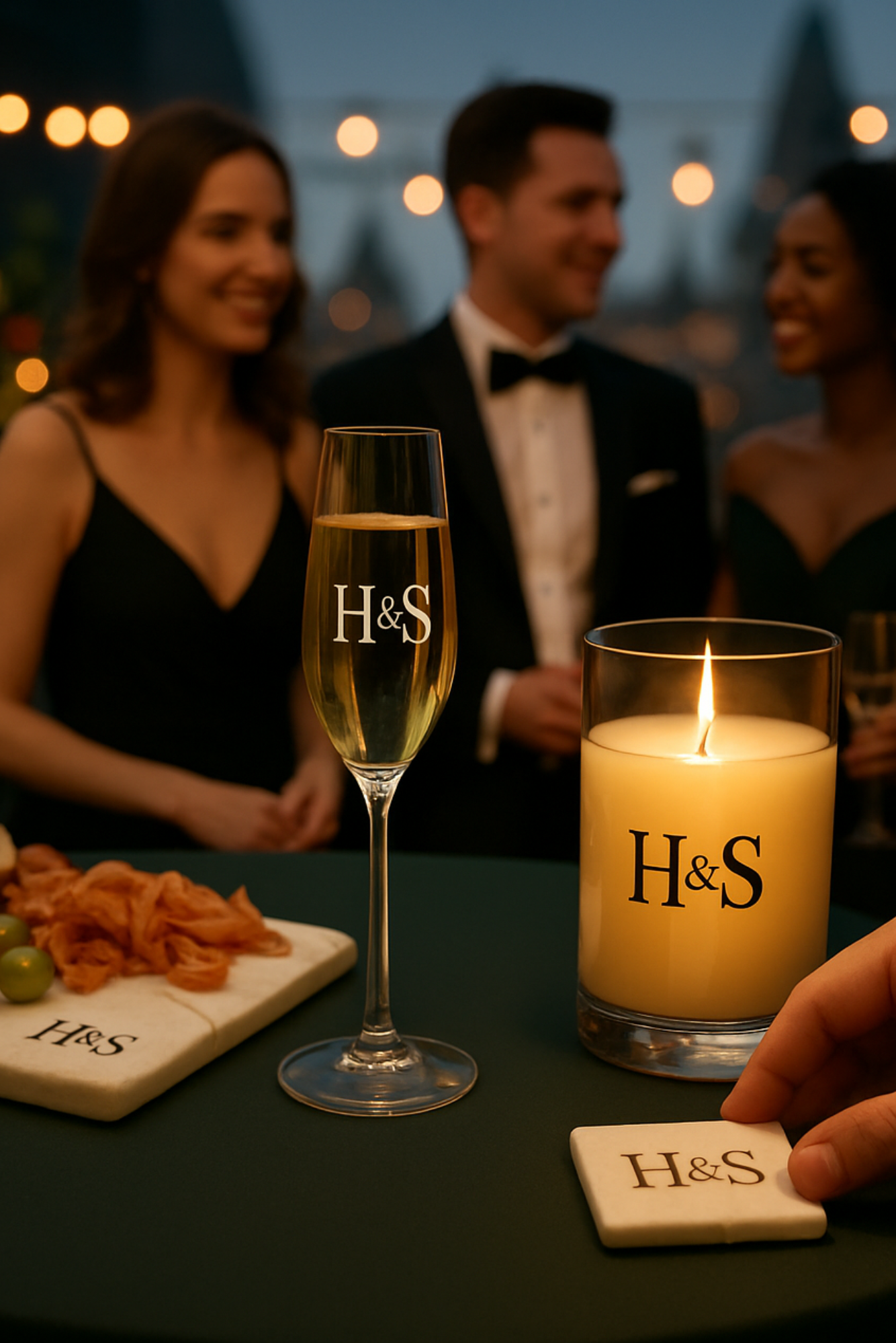 Glass of champagne and candle with 'H&S' initials on a table with people in formal attire in the background.