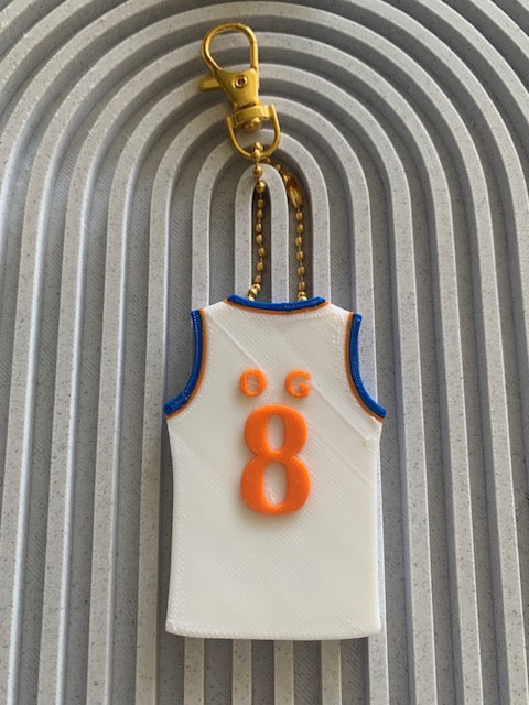 White OG #8 Knicks jersey keychain with gold hardware