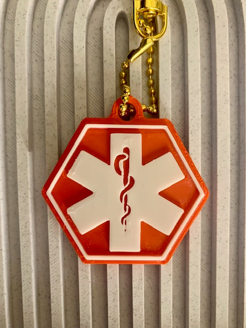 Red and white Medical NFC SAFE Keychain with Rod of Asclepius symbol